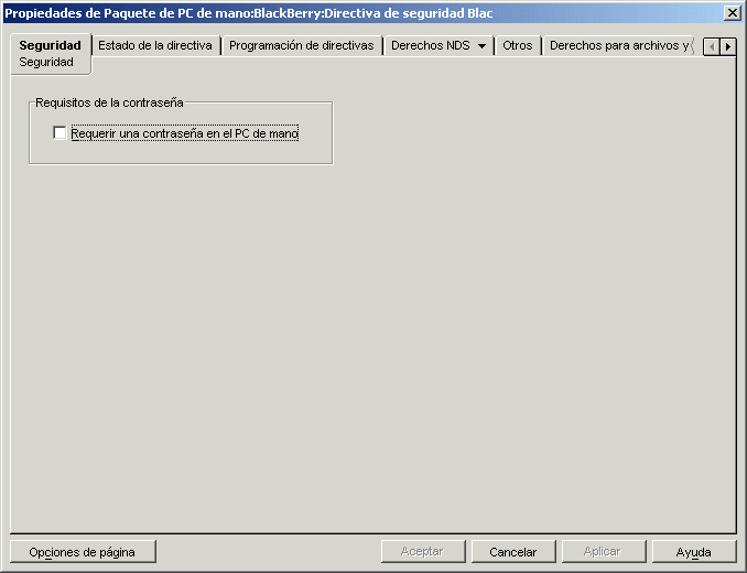 Pgina Seguridad de la directiva de seguridad BlackBerry