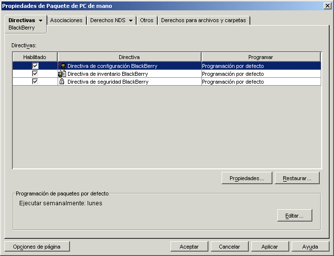 Pgina Propiedades del paquete de PC de mano con la directiva de configuracin BlackBerry seleccionada