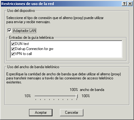 Recuadro de dilogo Restricciones de uso de la red