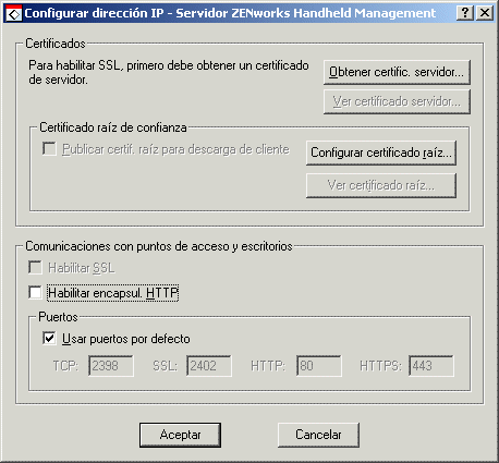 Recuadro de dilogo Configurar direccin IP - Servidor ZENworks Handheld Management