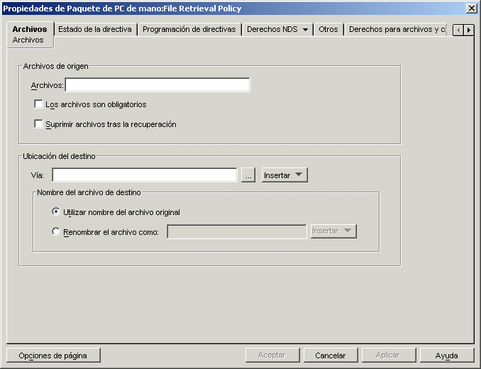 Recuadro de dilogo Propiedades del Paquete de PCs de mano: Directiva de recuperacin de archivos con la pgina Archivos mostrada