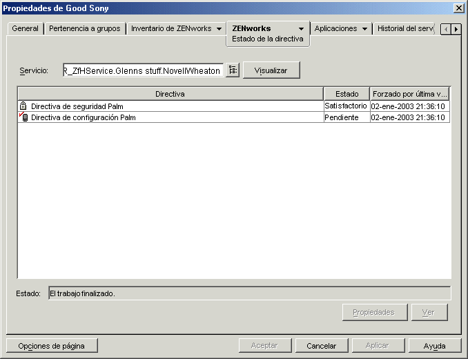 Propiedades de un objeto PC de mano con el estado de la directiva mostrado