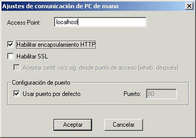 Recuadro de dilogo Ajustes de comunicacin de PCs de mano