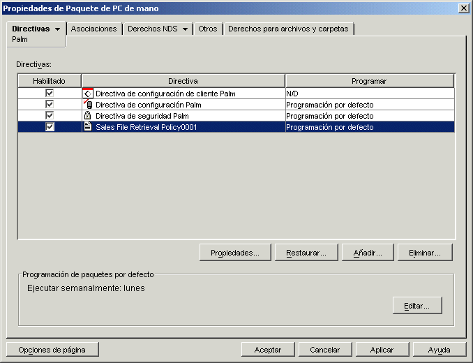 Propiedades del paquete de PCs de mano con la directiva de recuperacin de archivos recin creada mostrada