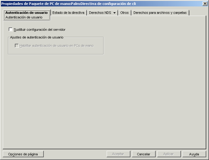 Pgina Autenticacin de usuario de la directiva de configuracin de cliente Palm