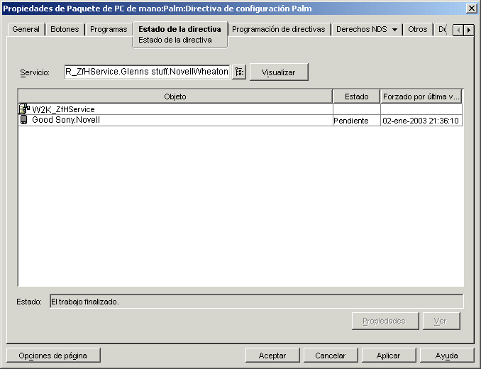 Recuadro de dilogo Propiedades del paquete de PCs de mano con la pgina Estado de la directiva mostrada