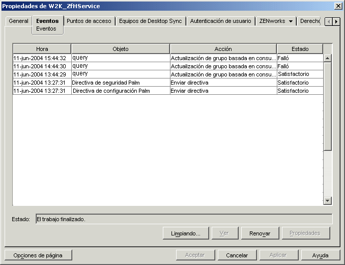Propiedades del objeto Servicio de ZENworks Handheld Management con la página Eventos mostrada