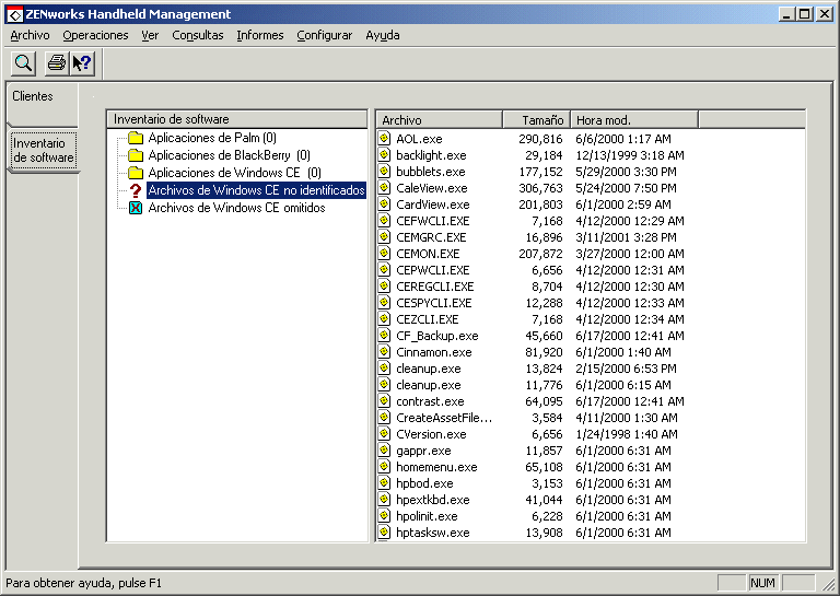 Pgina Inventario de software con el icono Archivos de Windows CE no identificados resaltado