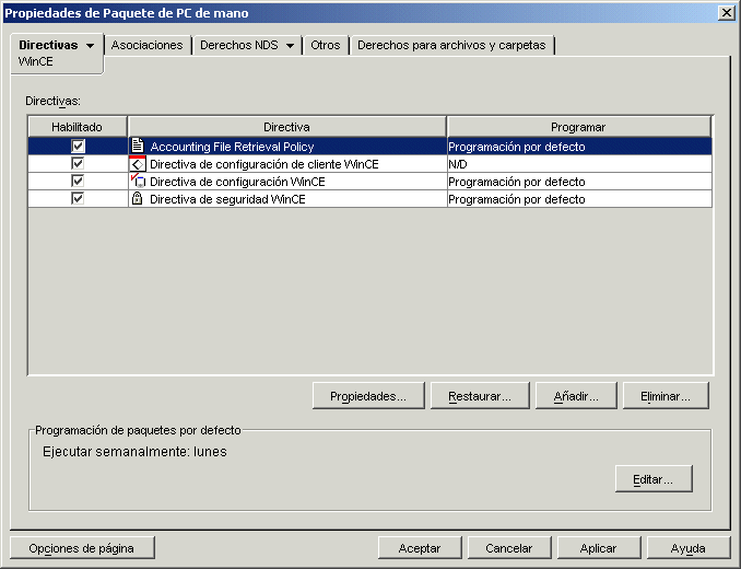 Propiedades del paquete de PCs de mano con la directiva de recuperacin de archivos recin creada mostrada