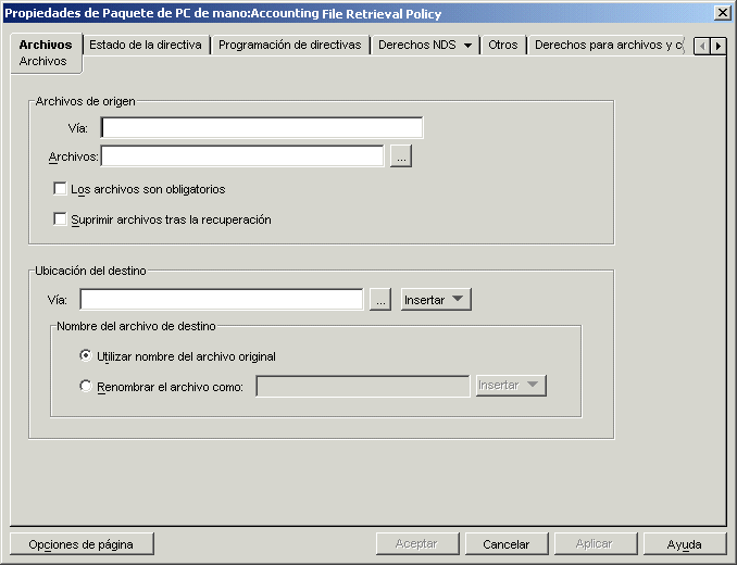 Recuadro de dilogo Propiedades del Paquete de PCs de mano: Directiva de recuperacin de archivos con la pgina Archivos mostrada