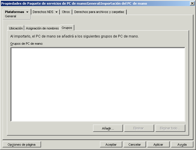 Recuadro de dilogo Propiedades del paquete de servicios de PCs de mano con la pgina Grupos mostrada