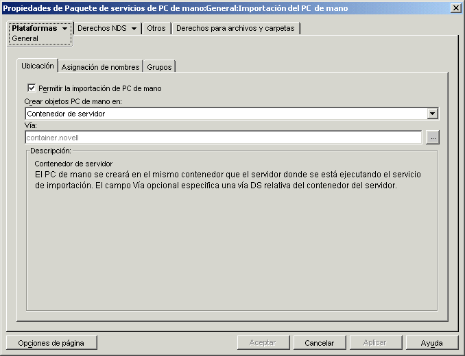 Recuadro de dilogo Propiedades del paquete de servicios de PCs de mano con la pgina General mostrada.