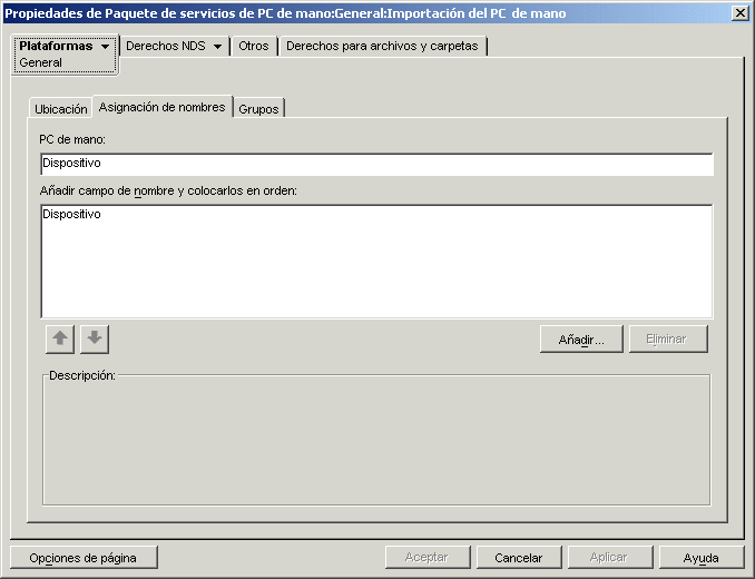 Recuadro de dilogo Propiedades del servicio de PCs de mano con la pgina Asignacin de nombres mostrada