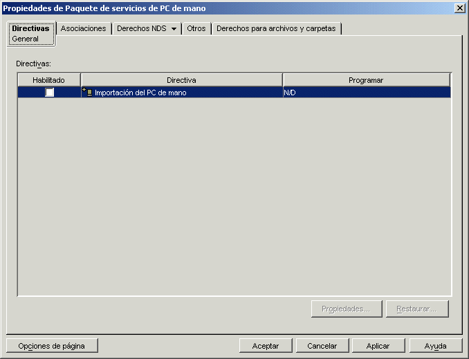 Pgina Propiedades del paquete de servicios de PCs de mano