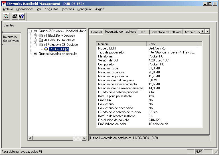 Pestaa Inventario de hardware