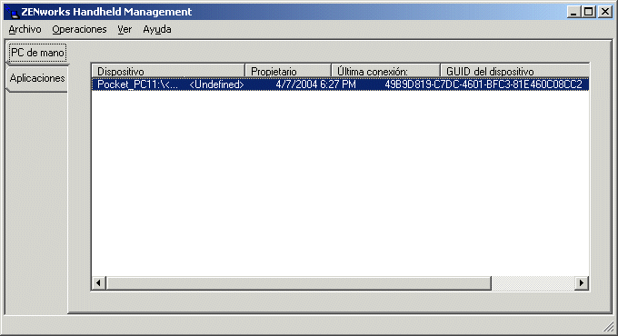 Ventana Consola del alterno (proxy) de ZENworks Handheld Management