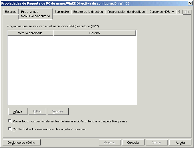 Pgina Men Inicio/escritorio de la directiva de configuracin WinCE