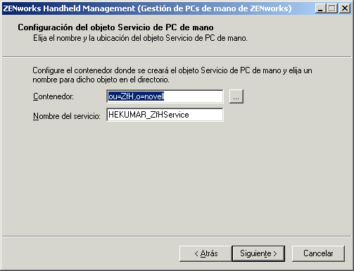 Pgina Configuracin del objeto Servicio de PC de mano