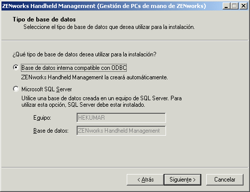 Recuadro de dilogo Tipo de base de datos