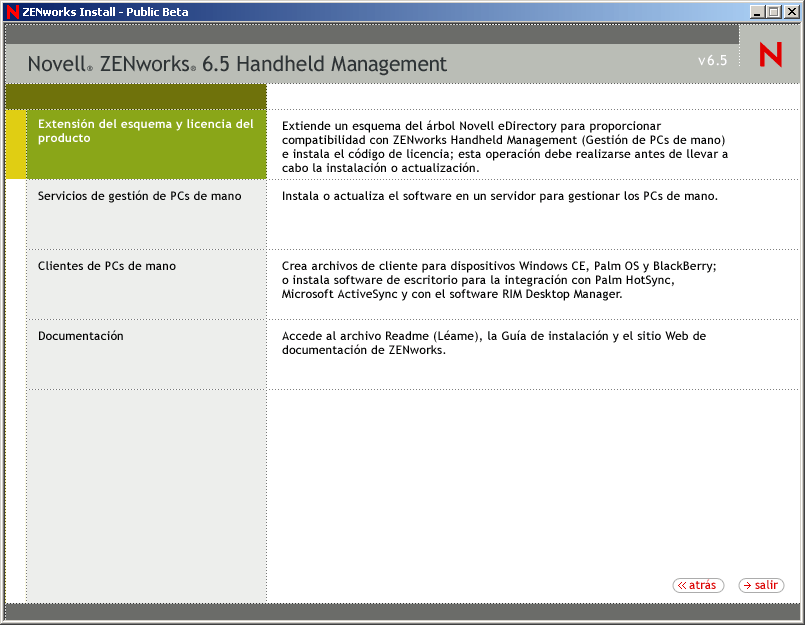 Pgina de instalacin del servidor de ZENworks Handheld Management 