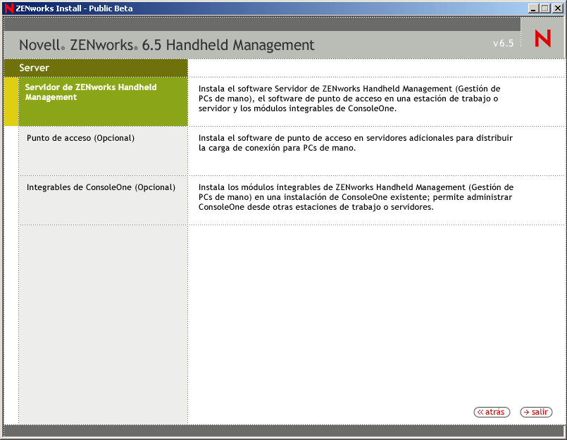 Pgina de instalacin del servidor de ZENworks Handheld Management 