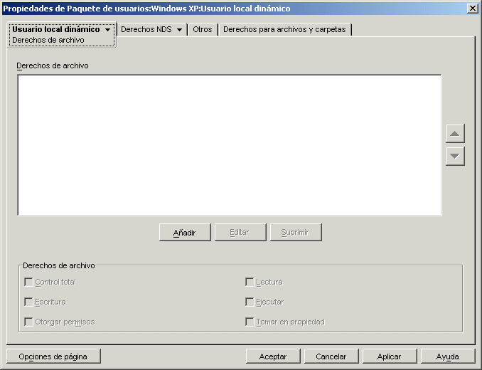 La página Derechos de archivo de la directiva de usuario local dinámico.