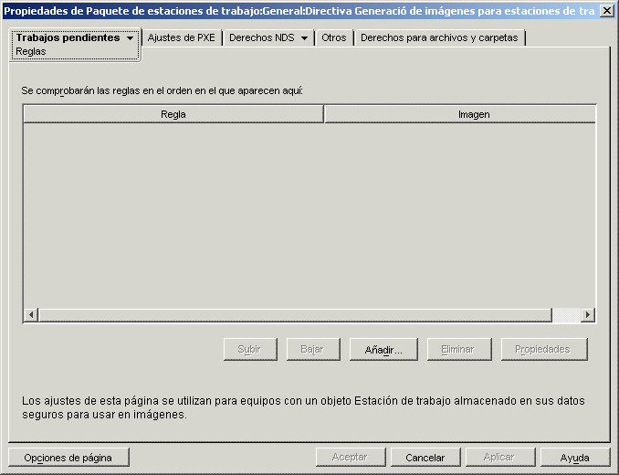 Página Reglas de la directiva Generación de imágenes para estaciones de trabajo.