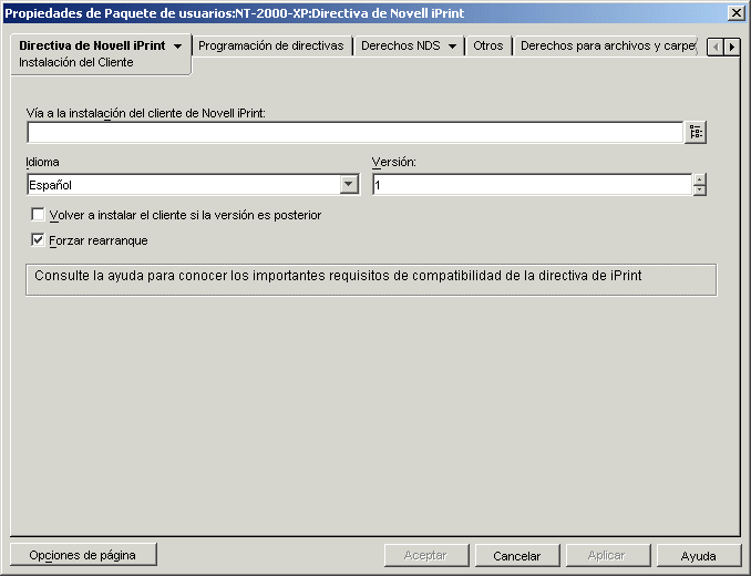 Volcado de pantalla de la página de instalación del cliente de la directiva de Novell iPrint.