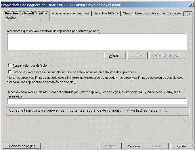 La página Ajustes de la directiva de Novell iPrint.