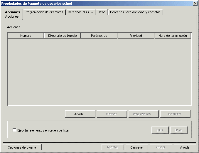 La página Acciones de la directiva de acción programada.
