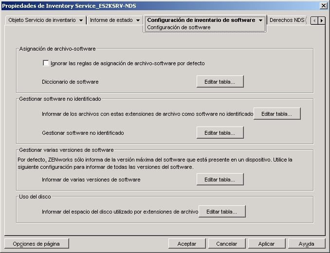 Página Configuración de software