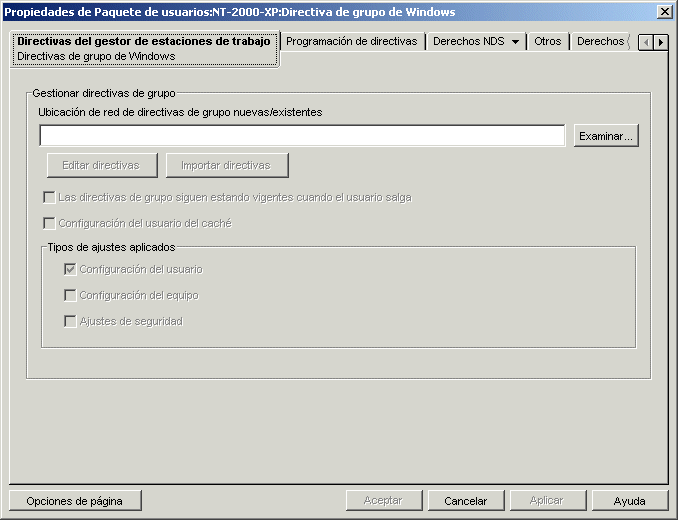 La página Directivas de grupo de Windows.