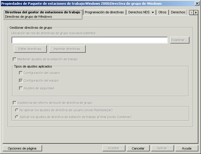 La página Directivas de grupo de Windows.