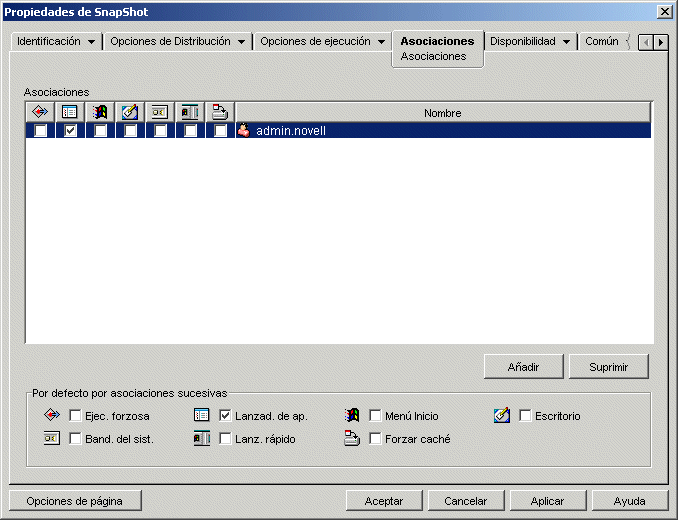 Página Asociaciones del objeto Aplicación