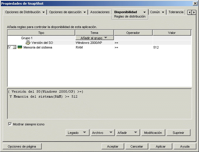 Página Reglas de distribución del objeto Aplicación