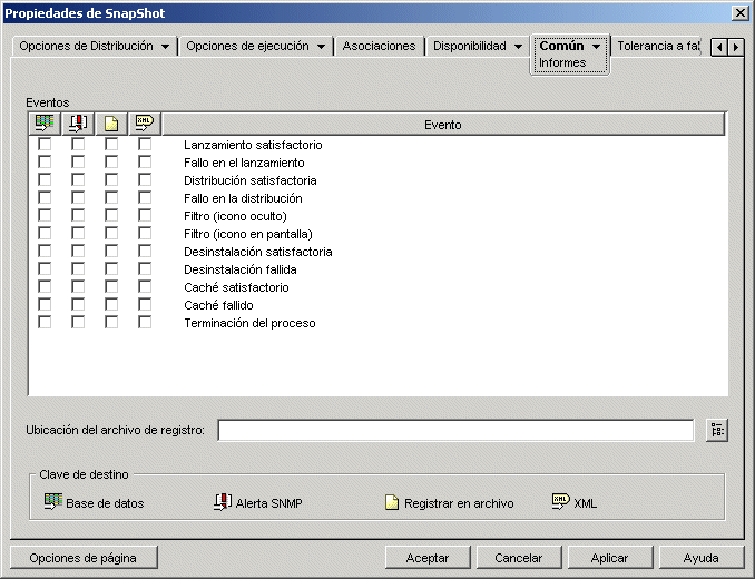 Objeto Aplicación > pestaña Común > página Informes