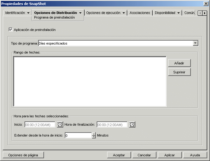 Página Preinstalación del objeto Aplicación con la opción Días especificados seleccionada como tipo de programa