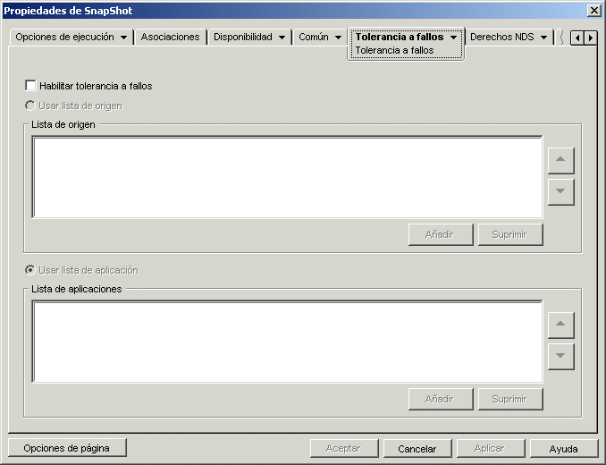 Página Tolerancia a fallos del objeto Aplicación