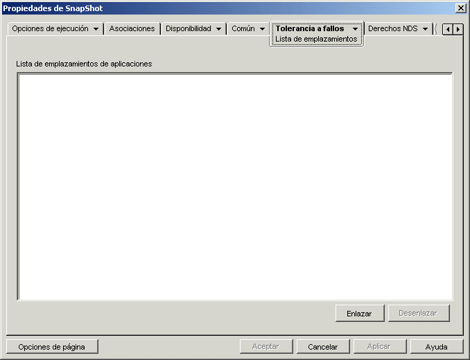 Página Lista de emplazamientos del objeto Aplicación