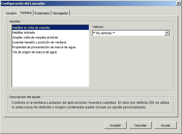 Recuadro de diálogo Configuración del Lanzador con la pestaña Ventana abierta
