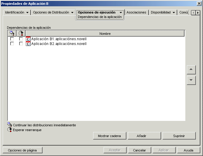 Página Dependencias de la aplicación del objeto Aplicación