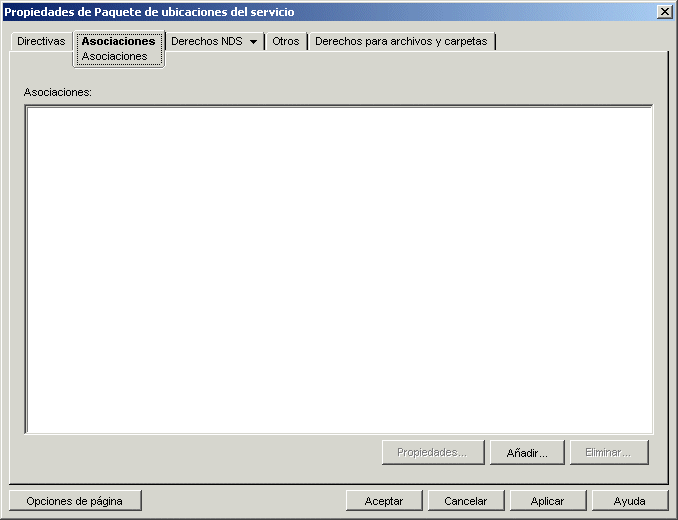 Página Asociaciones del Paquete de ubicaciones del servicio