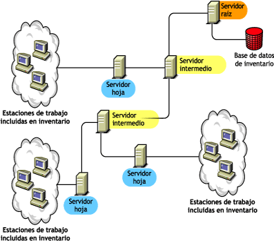 Servidores hoja que realizan la transferencia ascendente de la información de inventario al servidor intermedio. El servidor intermedio realiza a su vez la transferencia ascendente de la información de inventario al servidor raíz.
