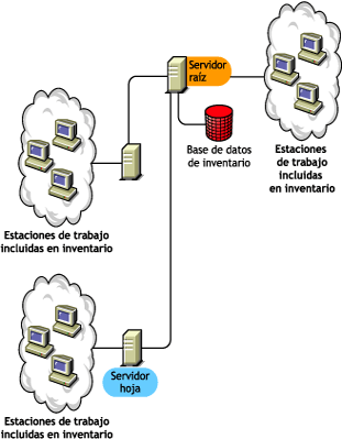 Servidor raíz en el nivel más alto con estaciones de trabajo incluidas en el inventario conectadas. Varios servidores hoja se conectan a este servidor raíz con estaciones de trabajo incluidas en el inventario.