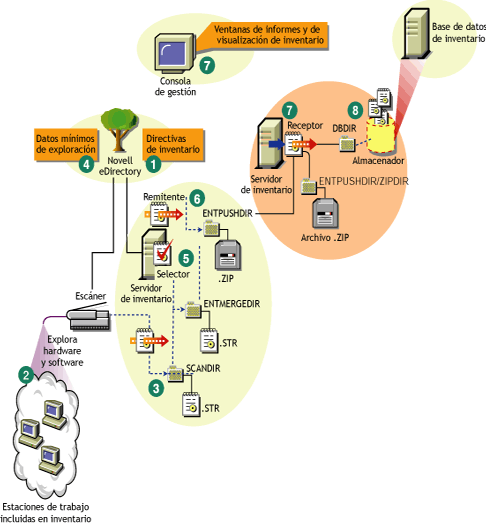 Ciclo de exploración del inventario en una situación de informes en que hay estaciones de trabajo que tienen instalado el Cliente Novell.