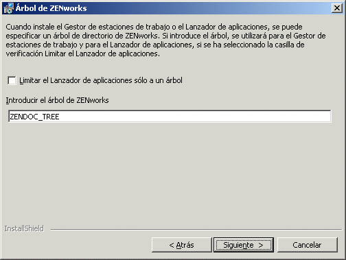 Página Árbol del directorio de ZENworks del asistente de instalación del Servidor de gestión de escritorios de ZENworks.