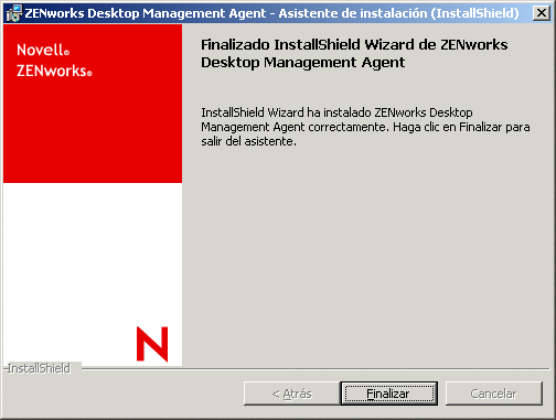 Página Conclusión del asistente InstallShield de instalación (InstallShield) del Agente de gestión de escritorios de ZENworks.