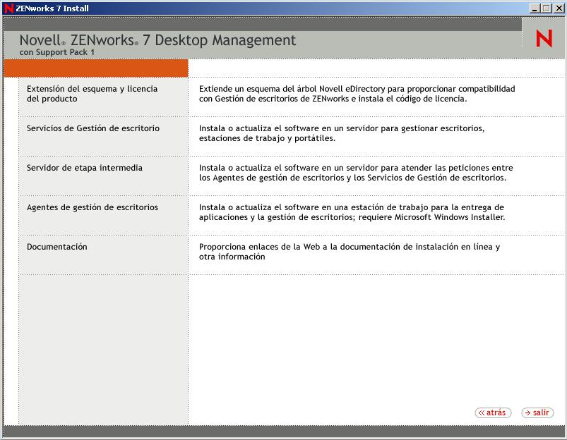 Menú del programa de instalación de Gestión de escritorios de ZENworks