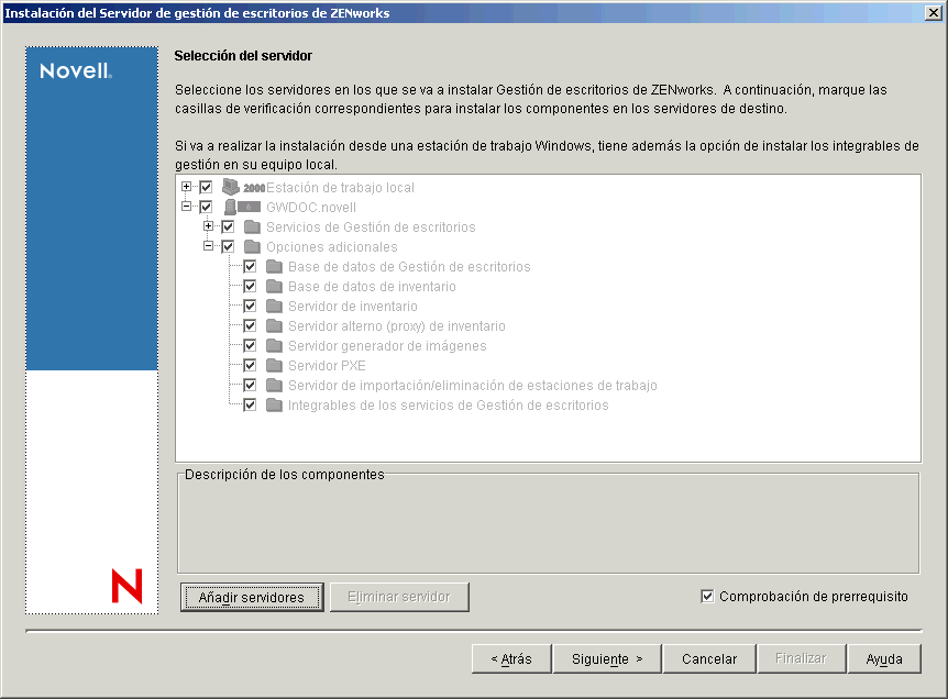 Programa de instalación del Servidor de ZENworks 7 Desktop Management, página Selección del servidor