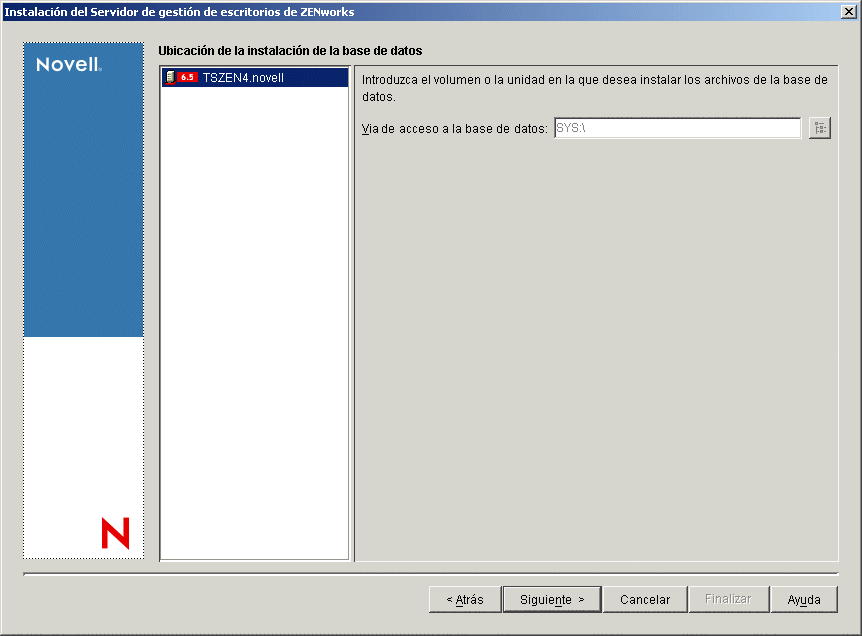 Página Instalación de la ubicación de la base de datos del asistente de instalación de Gestión de escritorios de ZENworks.